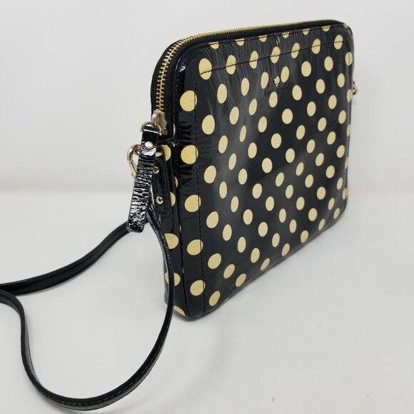 KATE SPADE Black & Cream Polka Dot Patent Leather Round Square Crossbody Bag - Picture 9 of 14